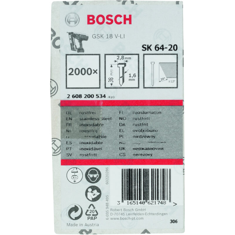 Bosch - SK64-20 Clous en acier inoxydable : 38mm : 2.000pcs 2608200534