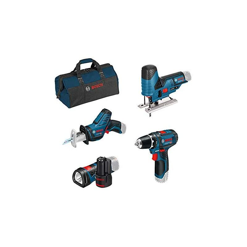 

Bosch Professional 12V atornillador bat. GSR 12V-15+sierra sable GSA 12V-14 + sierra de calar GST 12V-70 + linterna LED GLI 12V-80 (2 bat. 2.0 Ah,