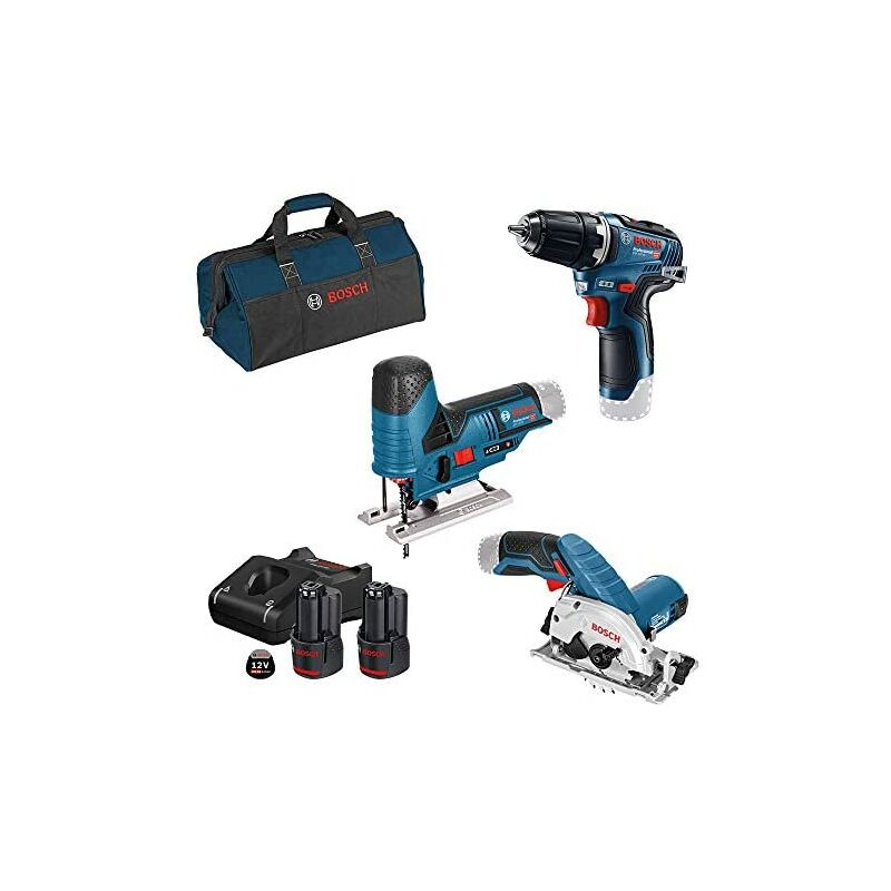 

Bosch Professional 12V atornillador bat. GSR 12V-35 + sierra circular GKS 12V-26 + sierra de calar GST 12V-70 (2 bat. 3.0 Ah, bolsa)