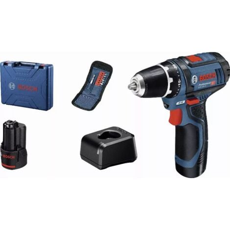 Bosch Professional 12V System GSR 12V-15 - Atornillador a batería (30 Nm, set 10 accesorios, 2 baterías x 2.0 Ah, en maletín)