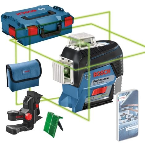 Bosch Professional 12V System Livella Laser GLL 3-80 C,senza batteria e caricabatteria, laser verde, da interno, con app, raggio d’azione fino a 30 m, Supporto universale BM 1, L-BOXX