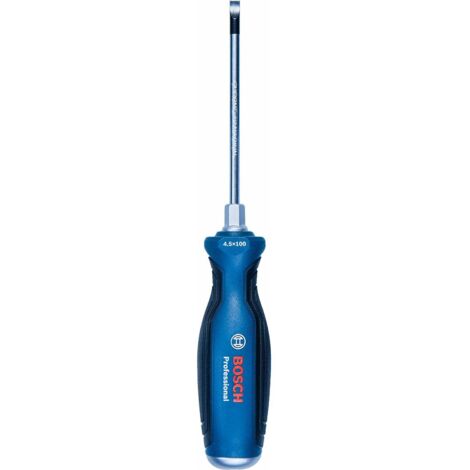 Bosch Professional 1600A01TF9 Destornillador plano, cromo vanadio, mango softgrip con cabezal de acero, azul, SL4.5 x 100mm