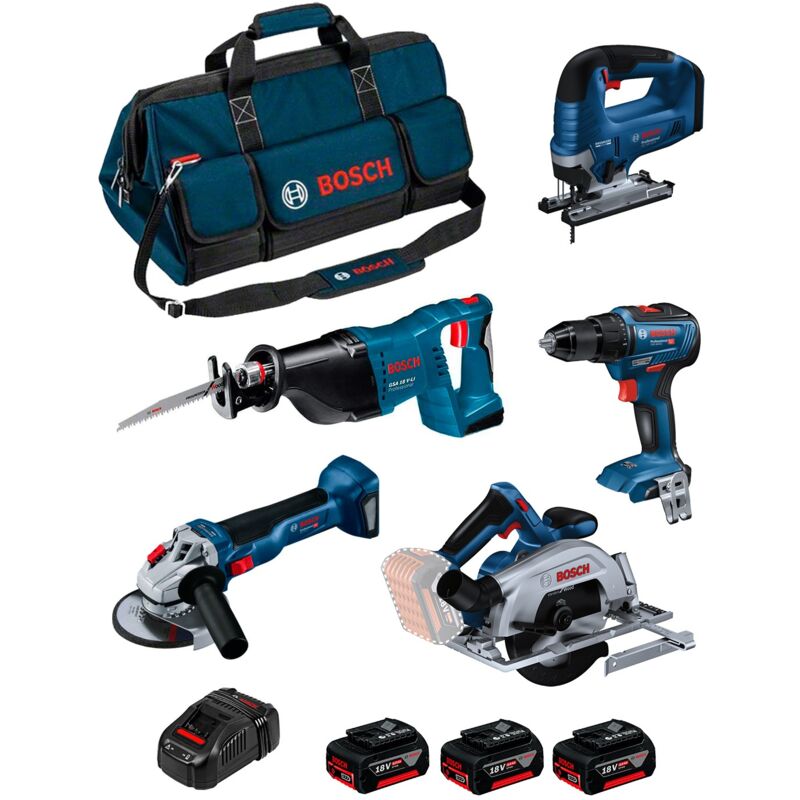 Bosch - Kit 0615990N39 (gsr 18V-55 + gws 18V-10 + gks 18V-57-2 + gsa 18V-LI + gst 18V-125 b + 3 x 4,0 Ah + GAL1880CV + Borsa)