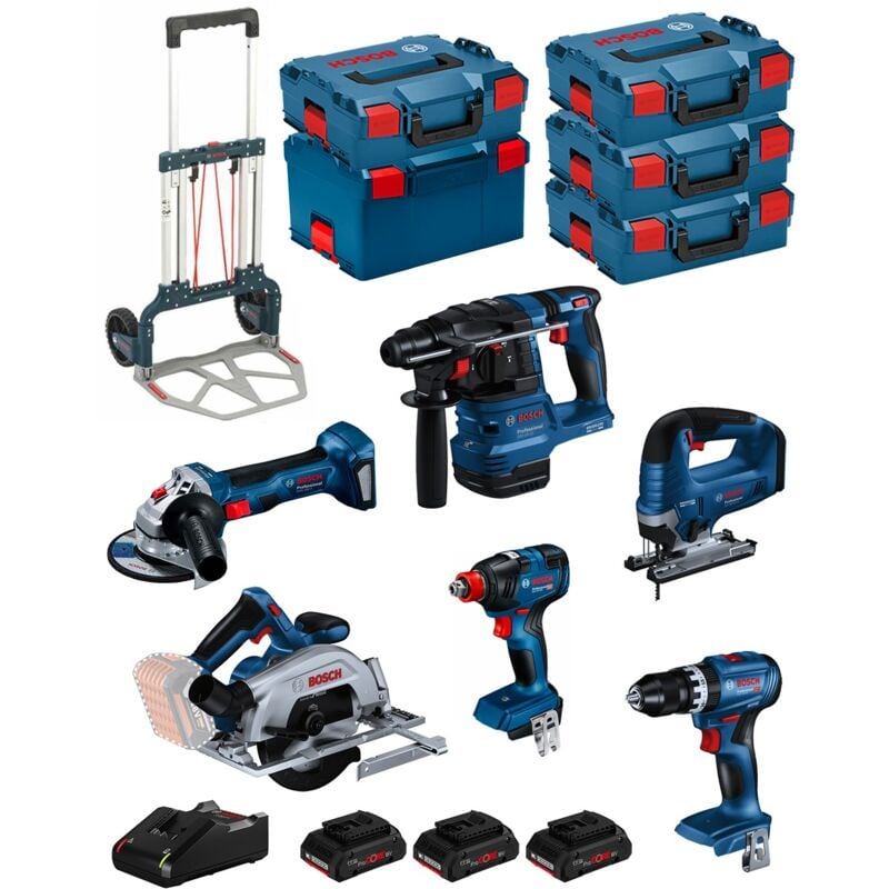 Bosch - Kit BK603 (GSB18V-45 +GDX18V-200 +GKS18V-57-2 +GST18V-125B +GBH18V-22 +GWS18V-7 + 3x4,0Ah pc +GAL18V-40 + 5xL-Boxx +carro)