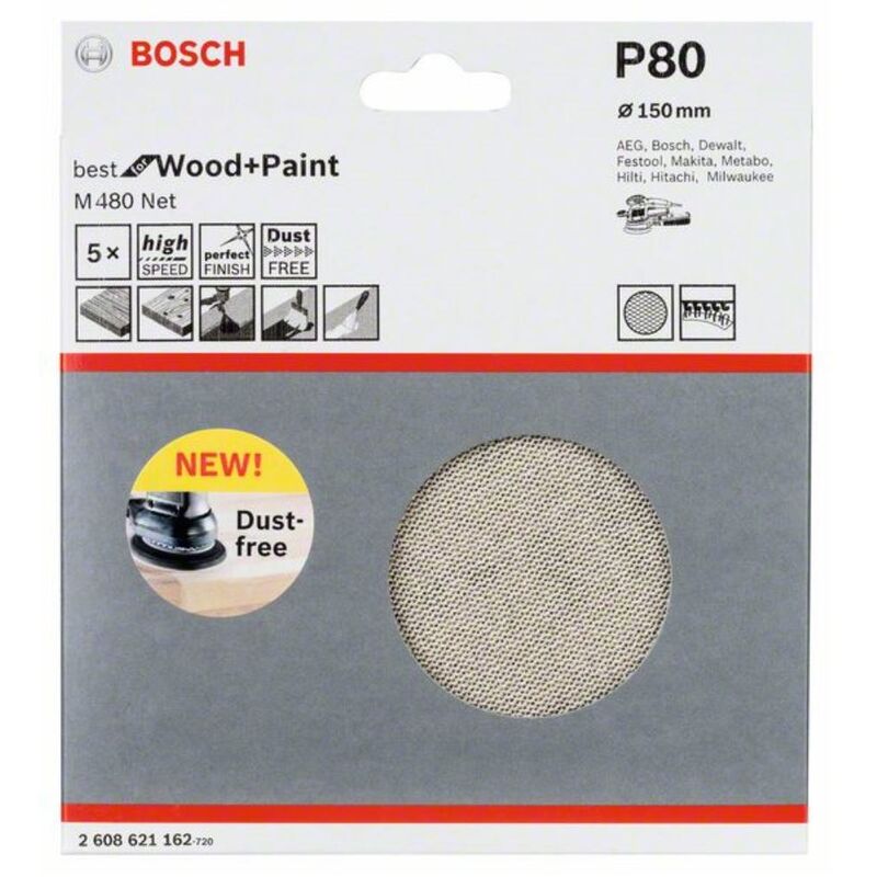 Image of Bosch - Foglio di macinazione M480 net. Meglio per legno e vernice. 150 mm. 80. 5-pack