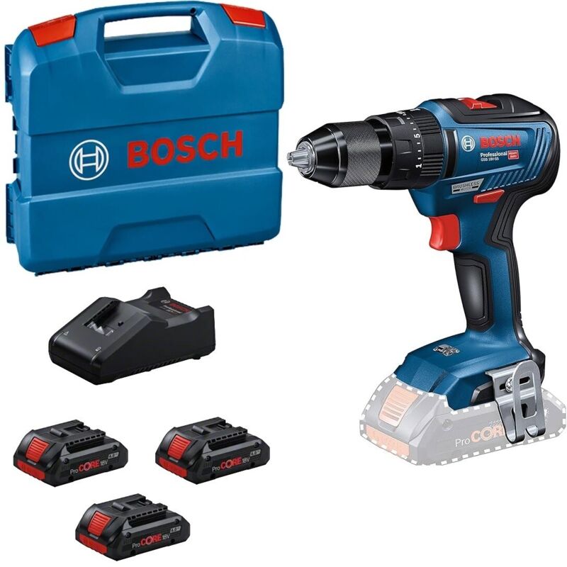 Trapano avvitatore a percussione Bosch GSB 18V-55 con 3 batterie da 4Ah e caricabatterie LC0615A5002V