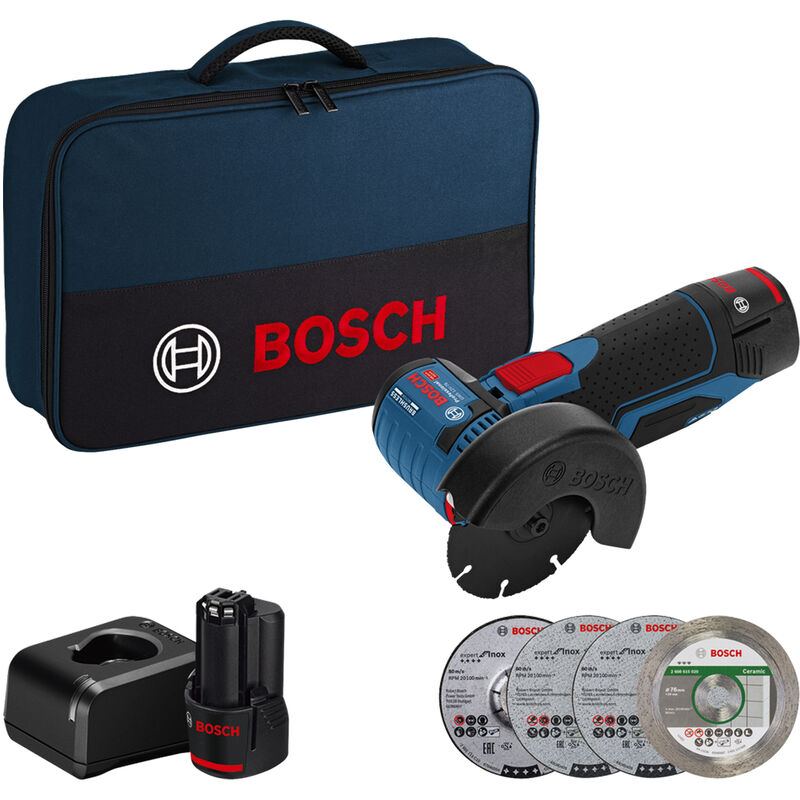 Bosch - Smerigliatrice angolare 12V gws 12V-76 - 2 batterie Li-Ion 2Ah + caricabatterie - valigetta + dischi inclusi - 06019F200C
