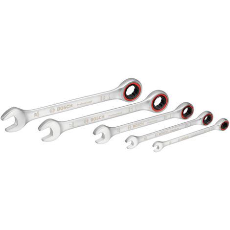 Bosch Professional Juego de Llaves de Carraca, 5 Piezas, Medidas Estándar de 8 mm a 19 mm, Acero al Cromo-Vanadio, en Bolsa de Lona Plegable
