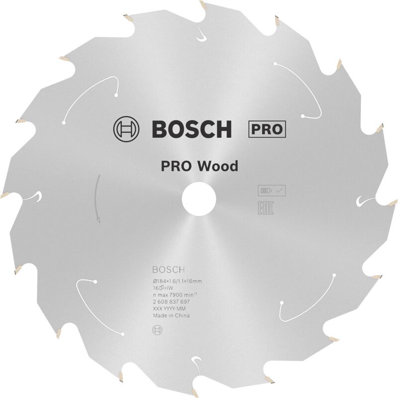 Lame PRO Wood cordless Bosch pour scies circulaires 184 x 1,6 x 16 mm - 2608837697