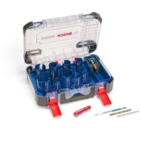 Bosch Professional Set de sierra de corona EXPERT Construction Material + navaja Victorinox (para Madera blanda, Aglomerado, Ø 20-76 mm, Accesorio Taladro)
