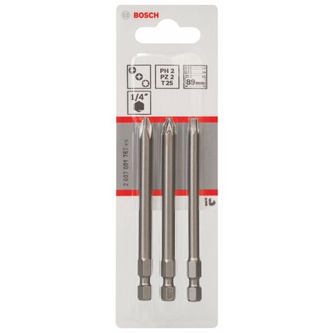 Bosch Professional Set di bit di avvitamento da 3 pz. Extra-Hard PH2, PZ2, T25, 89 mm