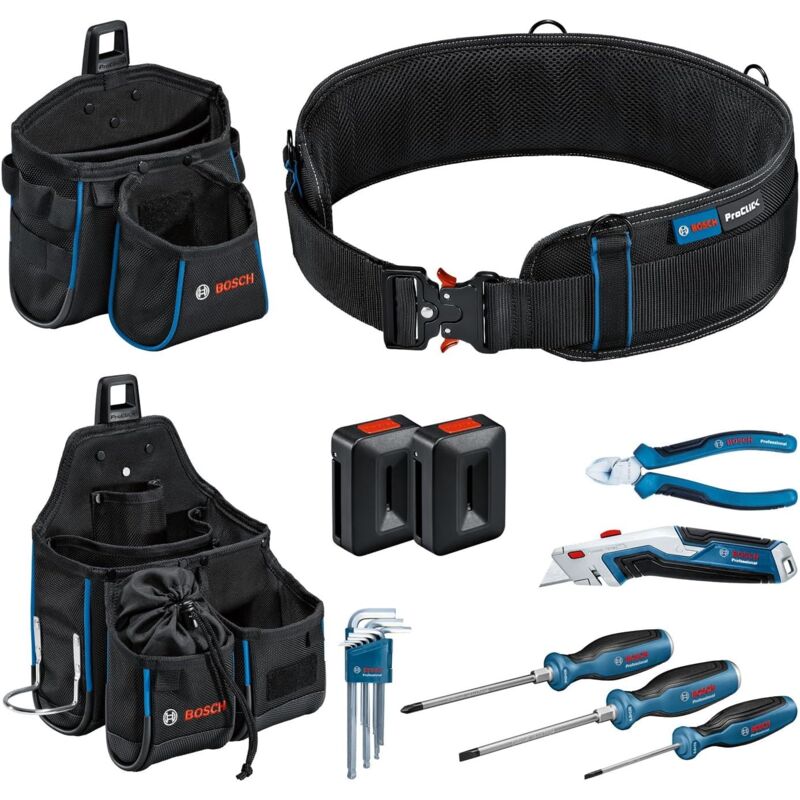 Bosch Professional Tool Belt 4 Tool Pouch + 2 x ProClick Holders + Hand Tools