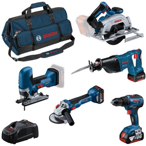 Bosch Profi Set 18V: GSR 18V-55, GWS 18V-10, GST 18V-125 S, GSA 18 V-LI, GKS 18V-57-2, 3x Akku 4 Ah, Schnellladegerät, Tasche