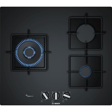 BOSCH PPC6A6B10 Plaque de cuisson gaz - 3 foyers - 8000 W - L 59 x P 52 cm - Revetement verre - Noir
