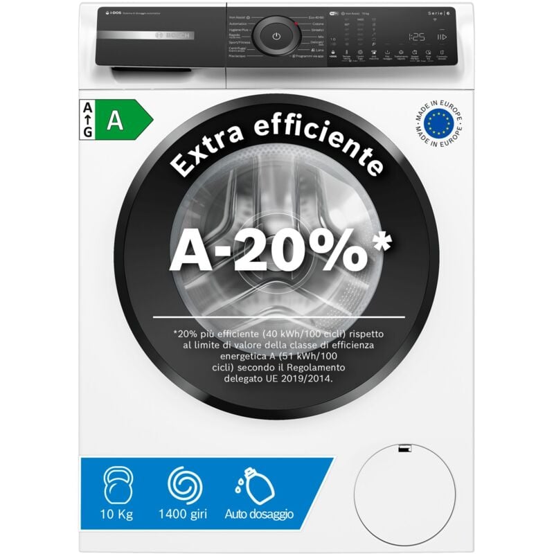 Bosch Serie 6 WGH254A0IT Lavatrice a carica frontale 10kg 1400g/min Bianco A-20%. Tipo di carica: Caricamento frontale. Capacità cestello: 10 kg,