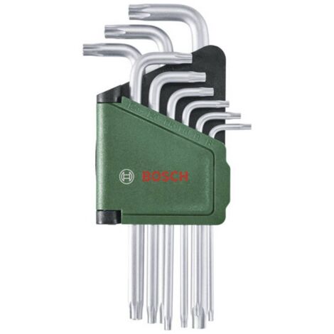 Bosch Set de 9 clés Torx (clés multitâches en acier S2 TX8-TX40 côté long surface antirouille, barrette de rangement)