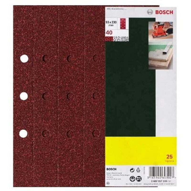 2607017097 25 Fogli Abrasivi Orbitale, Grana 40, 93 x 230 mm, 8 Fori - Bosch