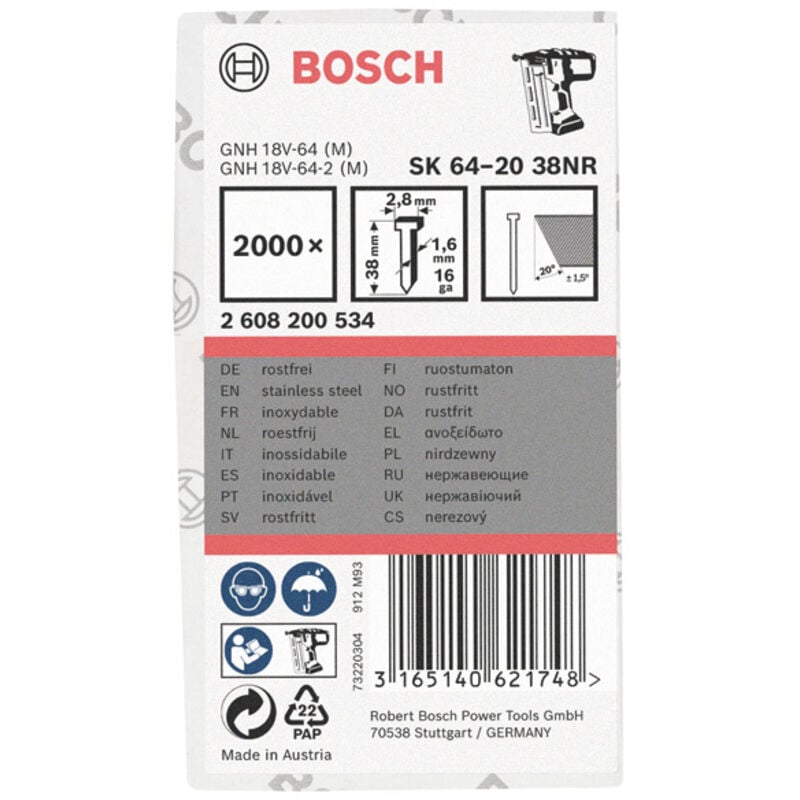 Perno a testa svasata SK64 20NR, 38 mm in acciaio inossidabile, 2000 pezzi