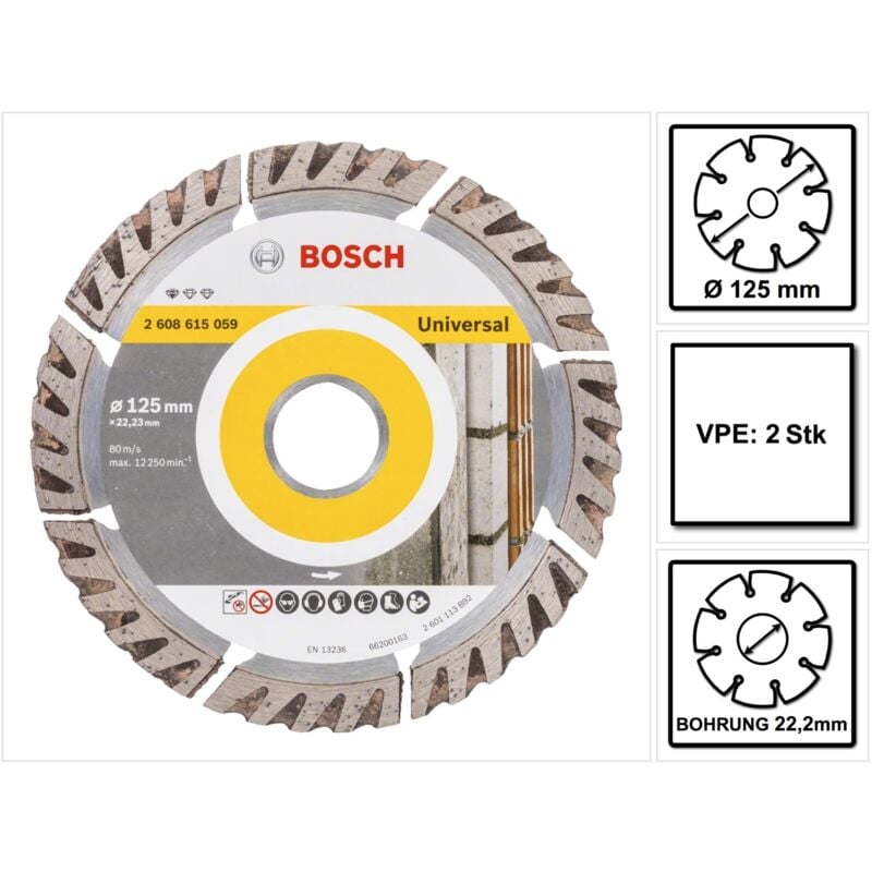 Bosch Professional - Bosch Standard for Universal Disques à tronçonner diamantés 125 x 22,23 mm 2 pces ( 2x 2608615059 ) pour béton, acier-béton,