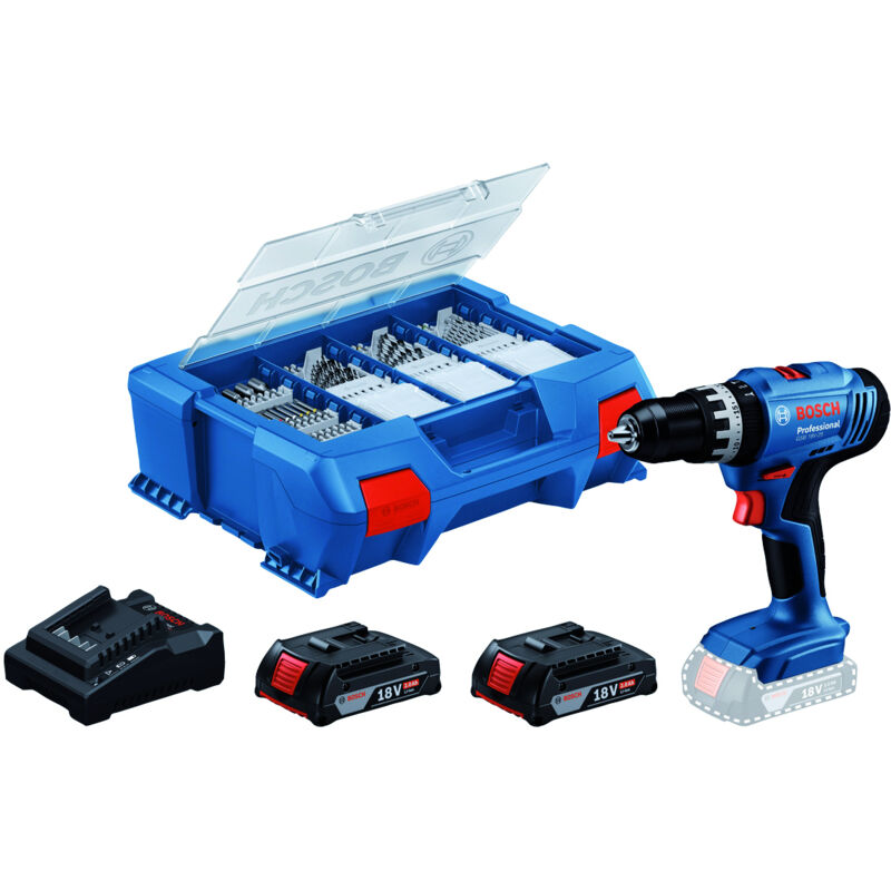 Bosch TRAPANO AVVITATORE CON PERCUSSIONE GSB 18V-25 2 batterie 2,0 Ah in L-Case + 63 accessori
