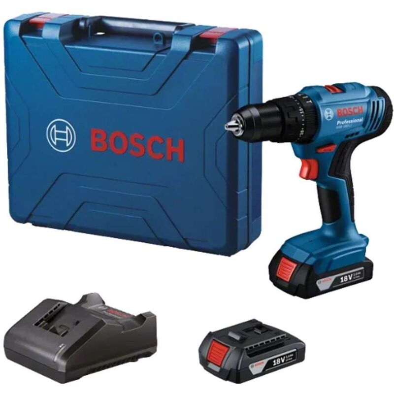 Bosch Utensili - Trapano avvitatore a batteria 18V a percussione, 2 batterie Li-Ion da 2,0 Ah, caricabatterie 06019K9100