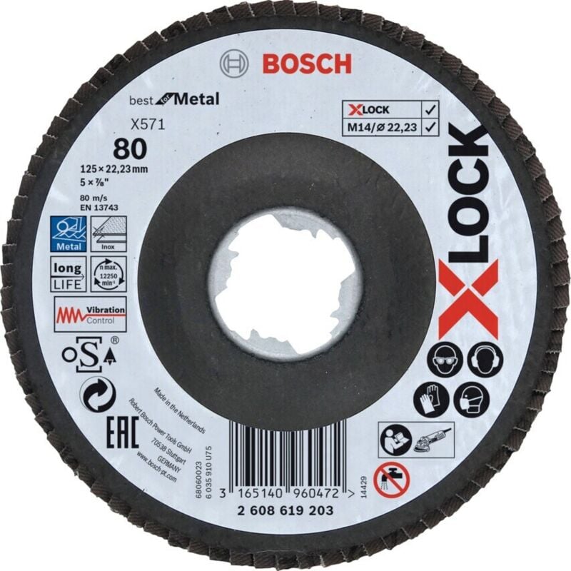 Bosch 125MM P80 X-Lock Flap Disc X571 Best for Metal - Conical (Type 29) On Glas