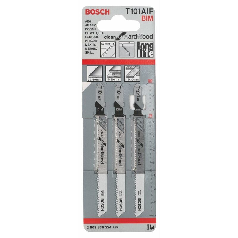 Professional 3 x Lame per seghetto alternativo t 101 aif Clean for Hard Wood (per Legno duro, straight cut, accessorio Seghetto alternativo) - Bosch