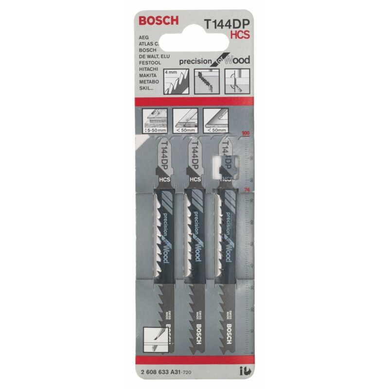 Bosch Professional 3 x Lame per seghetto alternativo T 144 DP Precision for Wood (per Legno tenero, straight cut, accessorio Seghetto alternativo)