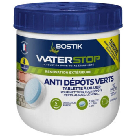 Bostik – Antimousse Waterstop 30623562 – Élimine dépôts verts sur toitures et façades – 30 tablettes pour 120 m² – Dissolution rapide