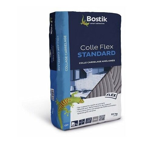 Bostik – Colle pour carrelage FLEX standard C2T 25kg – Résistante à l'eau – Pour carrelage jusqu'à 60 x 60 cm – Intérieur/Extérieur – Gris