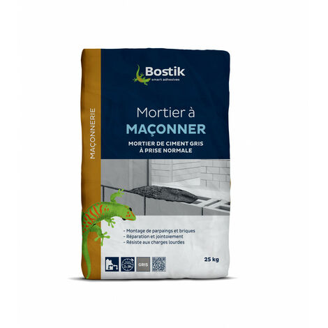 Bostik – Mortier à maçonner gris 25 kg – Pour montage de parpaings et briques – Réparation béton et pierre – Usage intérieur et extérieur