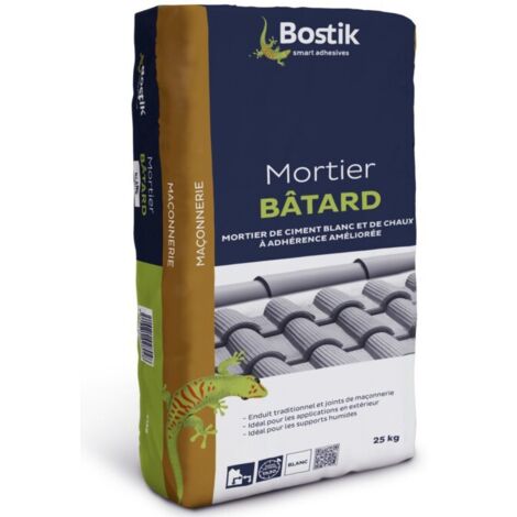Bostik – Mortier bâtard blanc 25kg – Pour béton, pierre et tuiles – Résistant aux variations de température – Adhérence améliorée