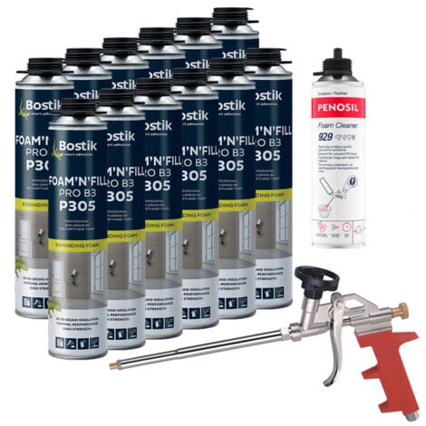 BOSTIK Pack 12 Mousses PU P305 Foam'n'Fill Pro B3 pistolable 750ml + Nettoyant FoamCleaner 929 500ml Penosil + Pistolet