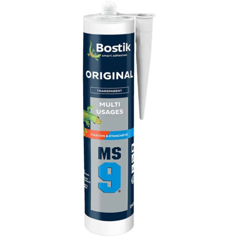Bostik – Mastic MS9 transparent 290 ml – Colle polymère hybride pour bois, métal, PVC – Adhérence élevée sans primaire – Élastique permanent