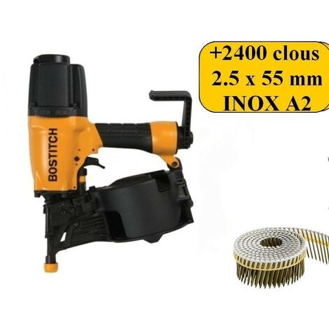 Bostitch – Cloueur pneumatique pour bardage – Lot de 2450 clous inox A2 2.5 x 55mm – Pression 4.8 à 8.3 bar – Réglage profondeur rapide - N75C-2-E
