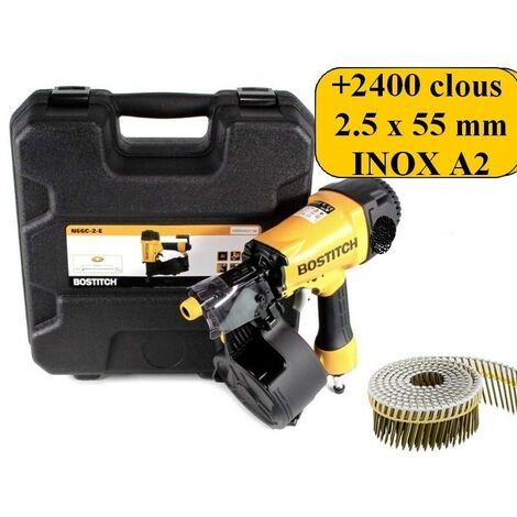 Bostitch – Cloueur pneumatique pour bardage – Lot de 2450 clous inox A2 2.5 x 55mm – Réglage de profondeur – Coffret de rangement inclus - N66C-2-E
