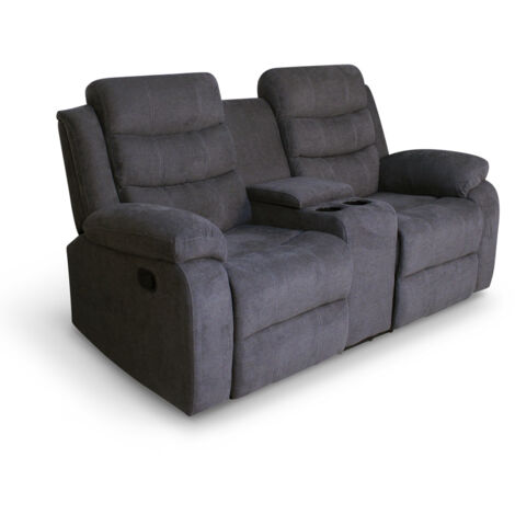 Boston 2 Seater Manual Recliner Sofa w Drinks Console (Grey)