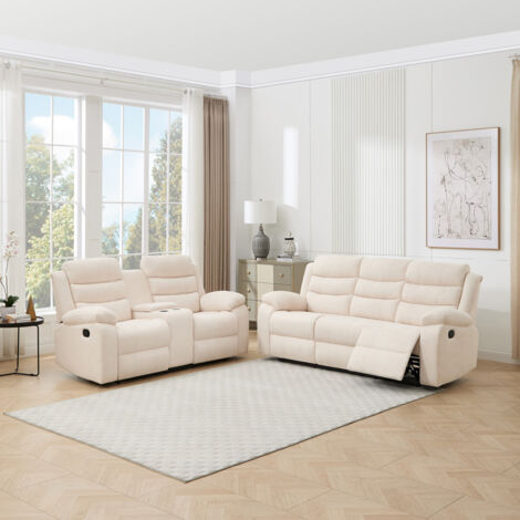 BOSTON 2 w CONSOLE+3 SEATER MANUAL FABRIC RECLINER w DRINKS CONSOLE SOFA SET BEIGE