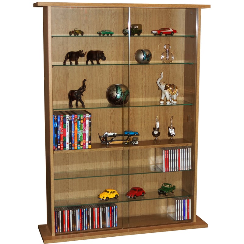 BOSTON - Glass Collectable Display Cabinet / 600 CD / 255 DVD Storage Shelves - Oak