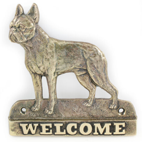 Boston Terrier, Boston Bull Terrier - cartello porta con un cane, targa di benvenuto in ottone, cartello unico con la scritta Welcome di Art-Dog