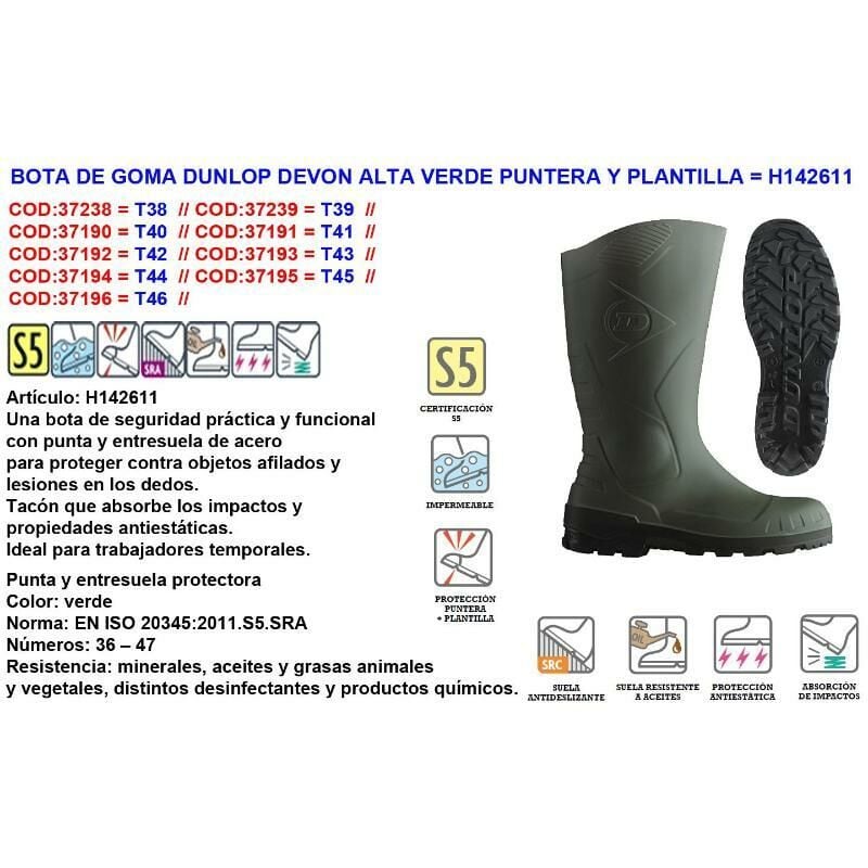 

bota de goma dunlop devon alta nº 44 verde punt+plantill h142611 - Mibricotienda