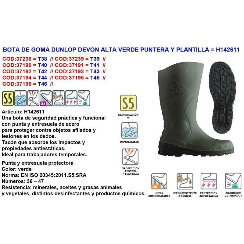 

bota de goma dunlop devon alta nº 43 verde punt+plantill h142611 - Mibricotienda