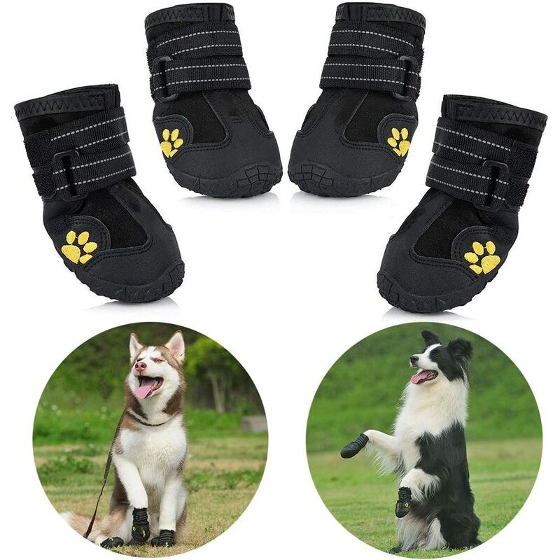 

Botas protectoras para perros, paquete de 4 zapatos impermeables para perros para perros medianos y grandes - Negro