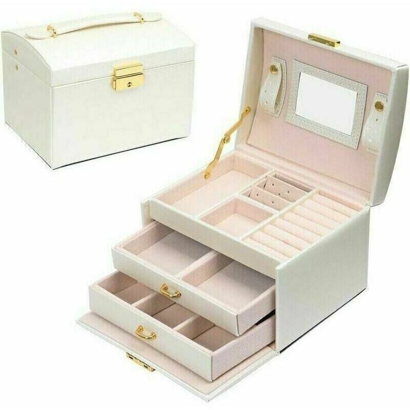 Boîte à Bijoux 3 Tiroirs avec Miroir et Serrure Boîte de Voyage pour Bagues Bracelets Boucles d'Oreilles Colliers Cadeau pour Femme - Blanc