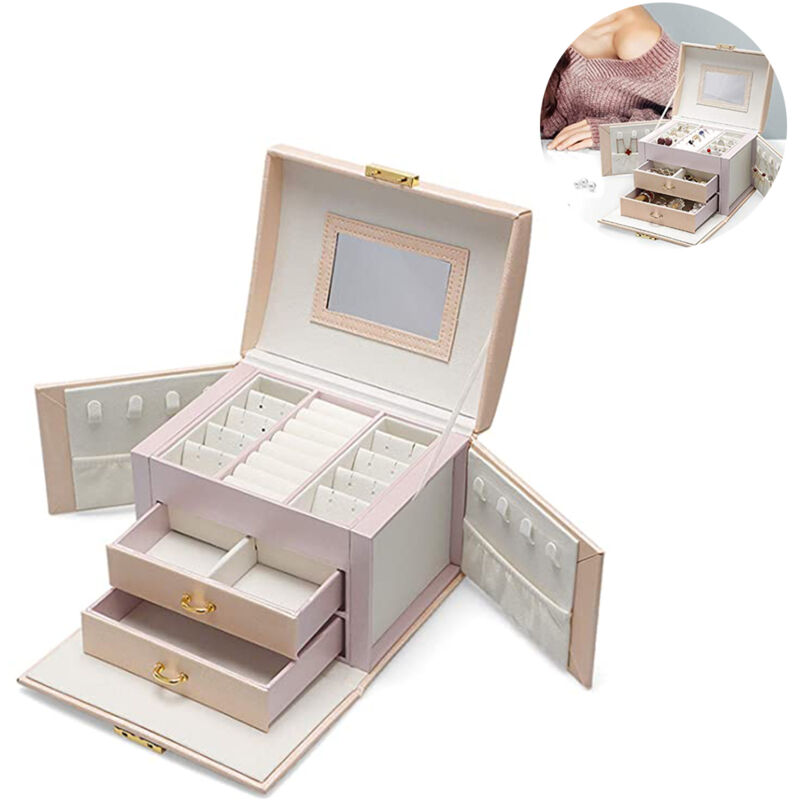 Bote à bijoux, bote à bijoux avec 2 tiroirs, organisateur de bijoux verrouillable avec miroir, bote en fer amovible rose