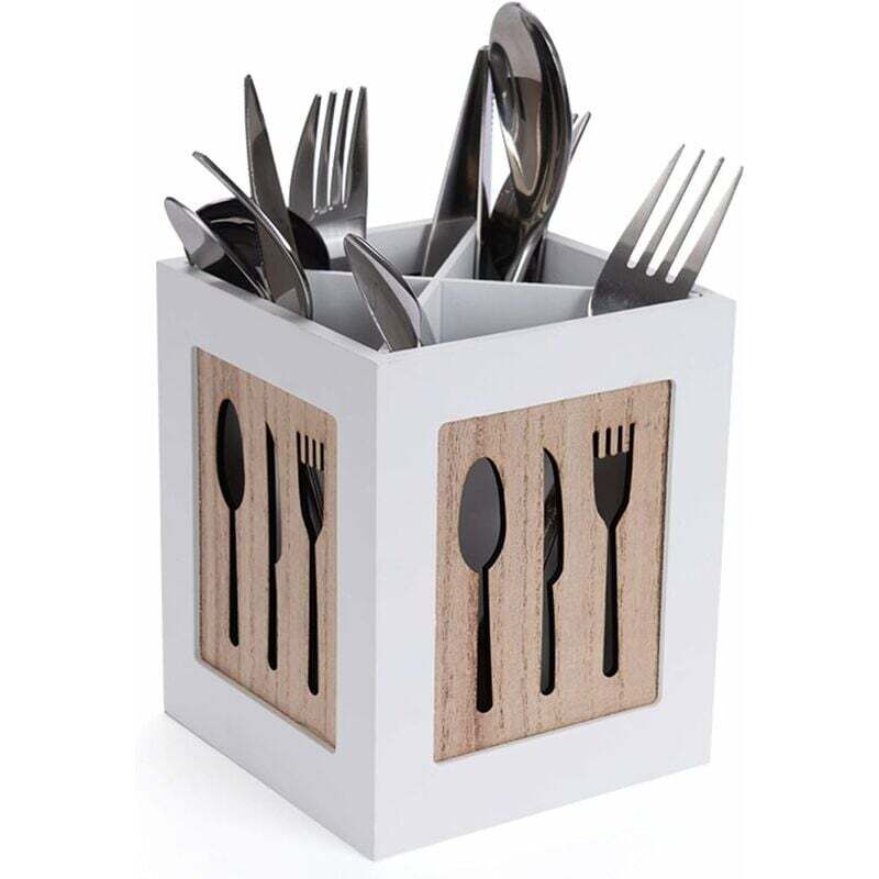Boîte à couverts en bois - Panier à couverts pour cuillère, fourchette, couteau - Range-couverts décoratif avec motif couverts - Pour table à manger,
