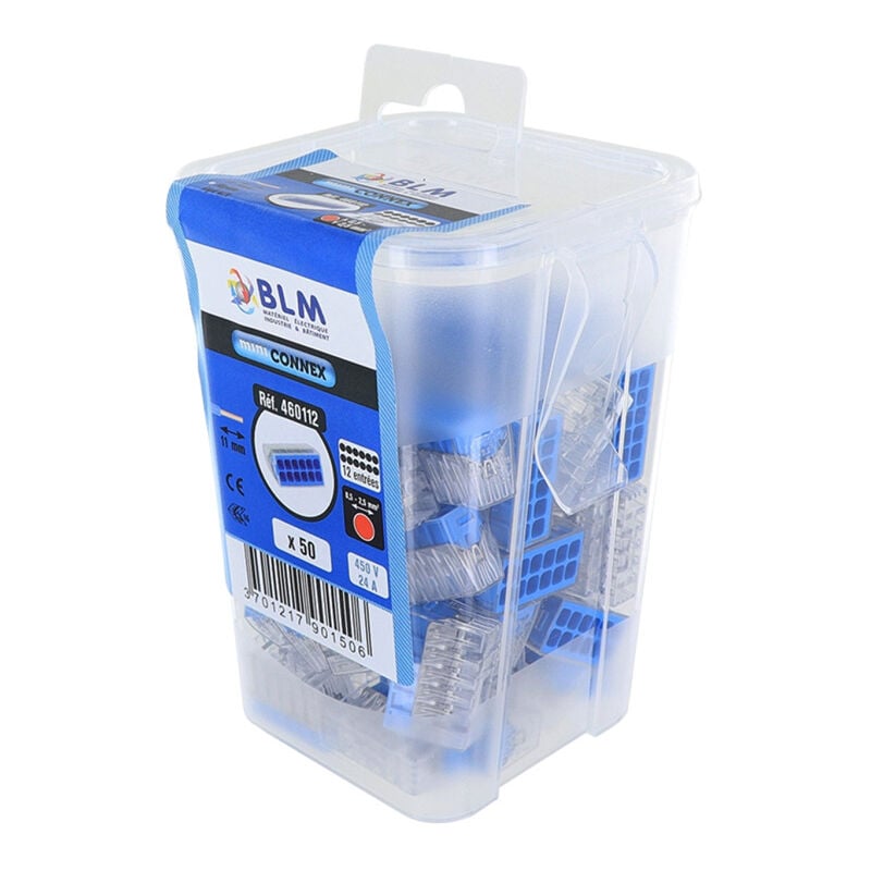 BLM - Boîte de 50 connecteurs auto-transparents 12 entrées bleue clair Mini Connex (boîtes réutilisable) pour fils rigides et semi-rigides de 0,5 à
