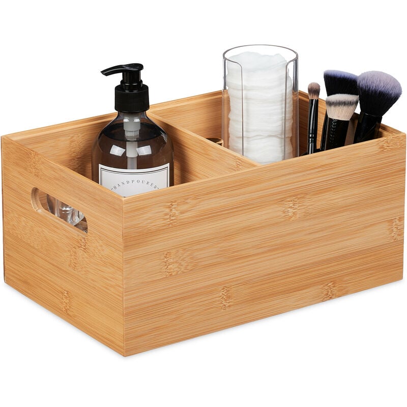 Boîte de rangement bambou, empilable, 2 compartiments, sans couvercle, HxLxP : 14x30x20 cm, poignées, nature - Relaxdays