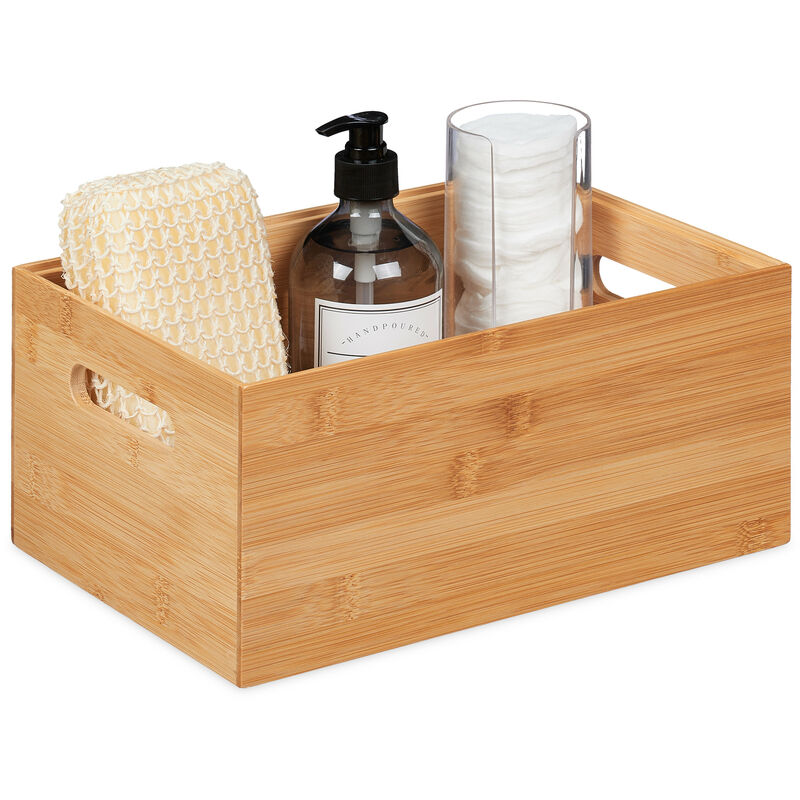 Boîte de rangement en bambou, empilable, solide, caisse sans couvercle, HxLxP : 14x30x20 cm, poignées, nature - Relaxdays