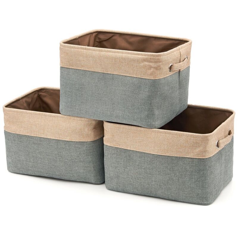 Boîte de Rangement Pliable en Jute de Coton avec Poignée, Panier à Linge, Armoire, Dressing, Placard - Lot de 3, Gris et Beige